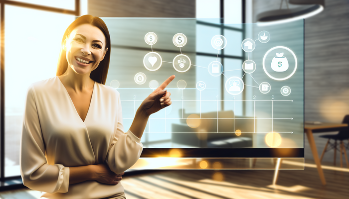 Уверенная женщина показывает финансовый график