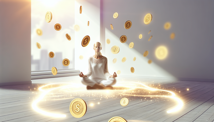 Женщина медитирует среди монет