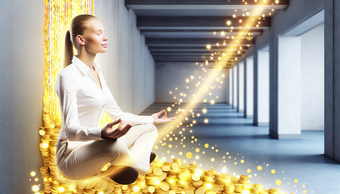 Женщина медитирует среди изобилия