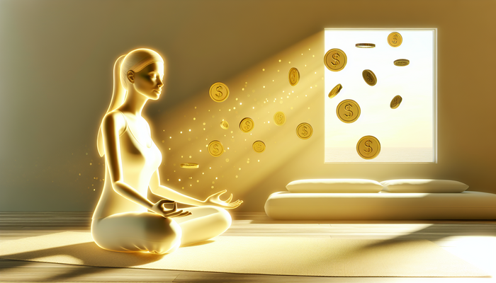 Женщина медитирует среди изобилия