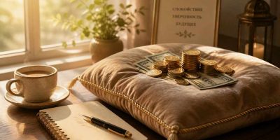 Финансовая подушка безопасности: уютная сцена со сбережениями, символизирующая спокойствие и защищённость