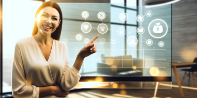 Уверенная женщина показывает финансовый график