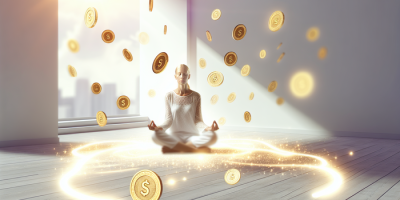 Женщина медитирует среди монет