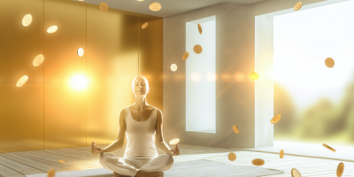 Женщина медитирует среди изобилия