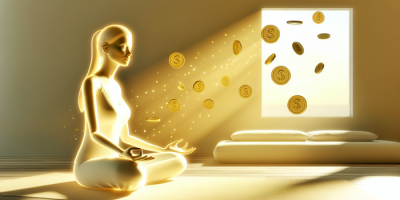 Женщина медитирует среди изобилия