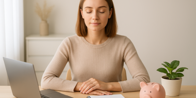 woman notebook piggybank
